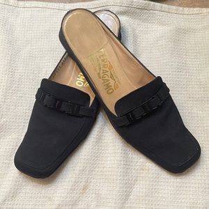 Salvatore Ferragamo black canvas upper leather interior slides mules siz…